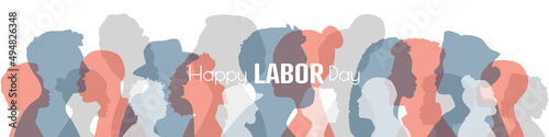 Happy Labor Day card. People of different ethnicities stand side by side together. Flat vector illustration.	