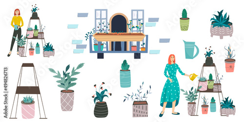 Balcony garden, flower and woman set. Urban garden on the balcony hobby for girls. Vector flat illustration. Vector illustration design.