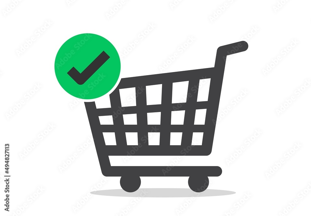 Shopping cart with check mark, black isolated icon. Shopping cart. 