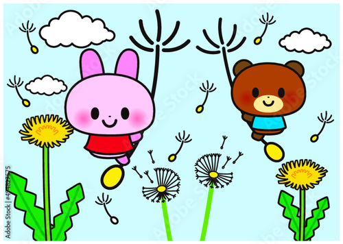 春,花,たんぽぽ,くま,うさぎ,動物,３月,４月,かわいい,綿毛,なかよし,青空,メルヘン,嬉しい,楽しい,種,喜び,自然,植物,あたたかい,開花,咲く,キャラクター,空,雲,ゆるい,ファンシー,ラブリー,デフォルメ,幼児向け,ポップ,子供向け,飛ぶ,笑顔,イラスト