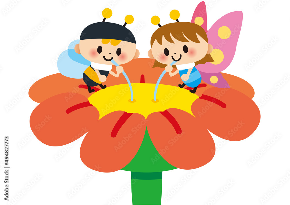 春 花 蝶 ミツバチ 昆虫 動物 ３月 ４月 ５月 虫 植物 自然 擬人化 蜜 ストロー 食事 かわいい 笑顔 なかよし メルヘン 嬉しい 楽しい 喜び キャラクター ラブリー 幼児向け ポップ 子供向け 開花 咲く イラスト Illyustraciya Stock Adobe Stock