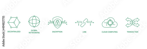 decentralized, global network, encryption, link, cloud computing, transaction line icon set vector illustration 