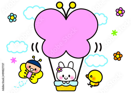 春,花,蝶,気球,動物,3月,4月,ウサギ,鳥,空,雲,ゆるい,ファンシー,ラブリー,デフォルメ,笑顔,幼児向け,ポップ,子供向け,飛ぶ,かわいい,イラスト