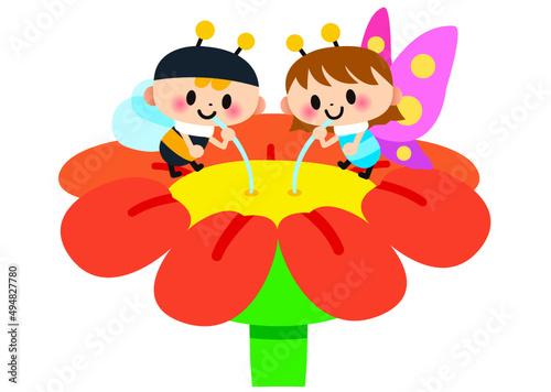 春,花,蝶,ミツバチ,昆虫,動物,３月,４月,５月,虫,植物,自然,擬人化,蜜,ストロー,食事,かわいい,笑顔,なかよし,メルヘン,嬉しい,楽しい,喜び,キャラクター,ラブリー,幼児向け,ポップ,子供向け,開花,咲く,イラスト
