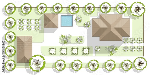Top view landscape design plan with house, courtyard, lawn and garage. Highly detailed plan of a country Top view of a house. Vector illustration of Cityscape or Map of town, village