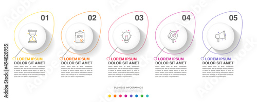 Line vector minimal infographic with five circles. Modern timeline business concept with 5 steps by step for diagram, chart, flowchart, levels, graphic, app, web