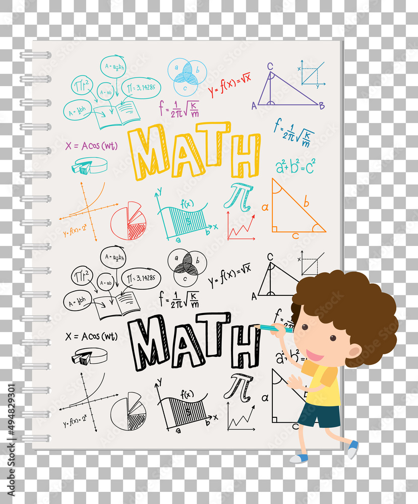 Doodle math formula on notebook page with kid Doodle math formula on notebook page with kid
