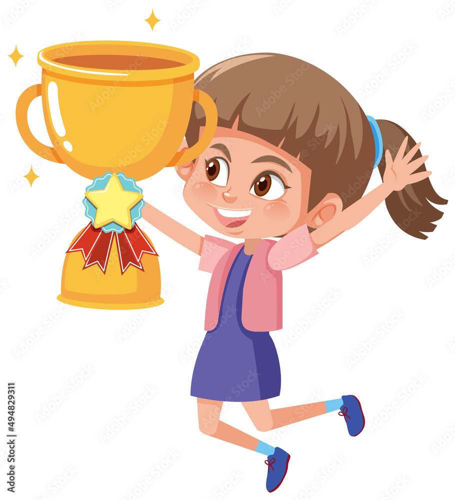 Happy girl holding trophy cartoon character Happy girl holding trophy cartoon character