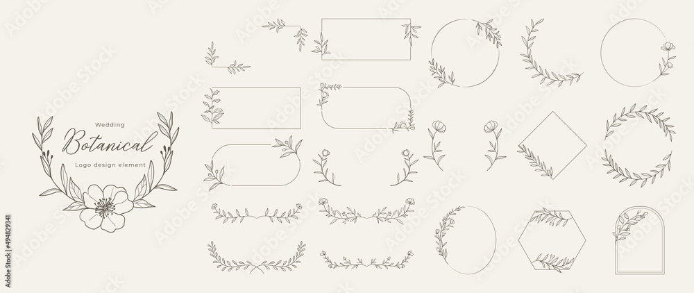 Wedding logo vector template. Botanical and floral logo element. Borders and dividers frame set. Hand drawn leaves branch, herb,flower, rose. Beauty and fashion frame design for logo and invitation. Wedding logo vector template. Botanical and floral logo element. Borders and dividers frame set. Hand drawn leaves branch, herb,flower, rose. Beauty and fashion frame design for logo and invitation.