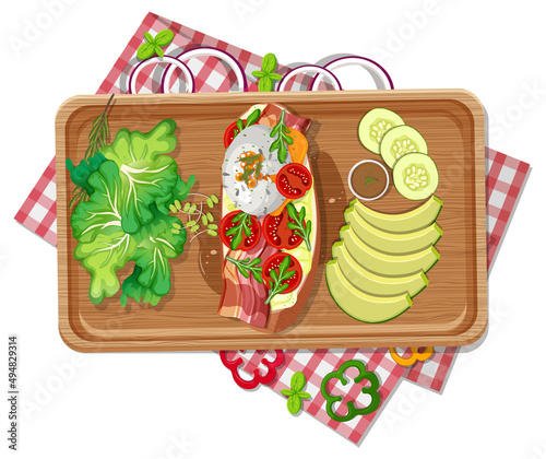 Top view of bruschetta on a wooden tray