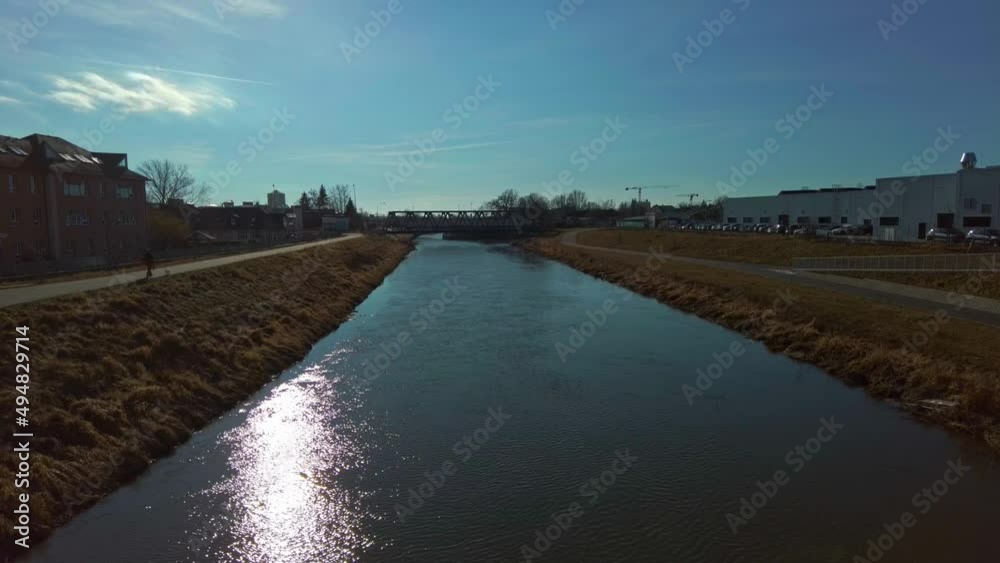 Aerial Drone Over Blue River Morava In Olomouc City In Czech Republic On Sunny Day Aerial Drone Over Blue River Morava In Olomouc City In Czech Republic On Sunny Day