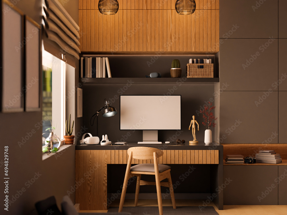Modern home workstation interior design with built-in furniture, PC  computer Stock Photo | Adobe Stock