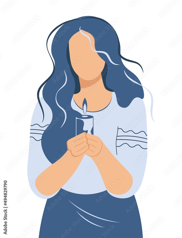 Cute girl is praying. Sad woman in national clothes on a white background. Faceless character in blue tones. Pray for Ukraine. Vector isolated illustration. No war. Cute girl is praying. Sad woman in national clothes on a white background. Faceless character in blue tones. Pray for Ukraine. Vector isolated illustration. No war.