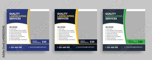 Creative social media post design template, social media kit landscaping lawn care, best lawn care Service square banner template, cleaning lawn mowing garden square  flyer