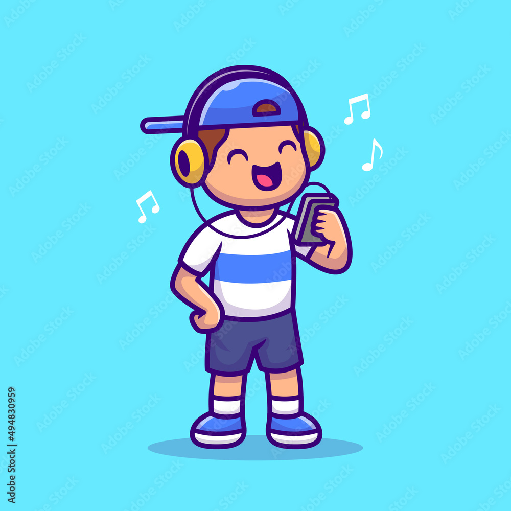 Cute Boy Listening Music With Headphone Cartoon Vector Icon Illustration. People Technology Icon Concept Isolated Premium Vector. Flat Cartoon Style