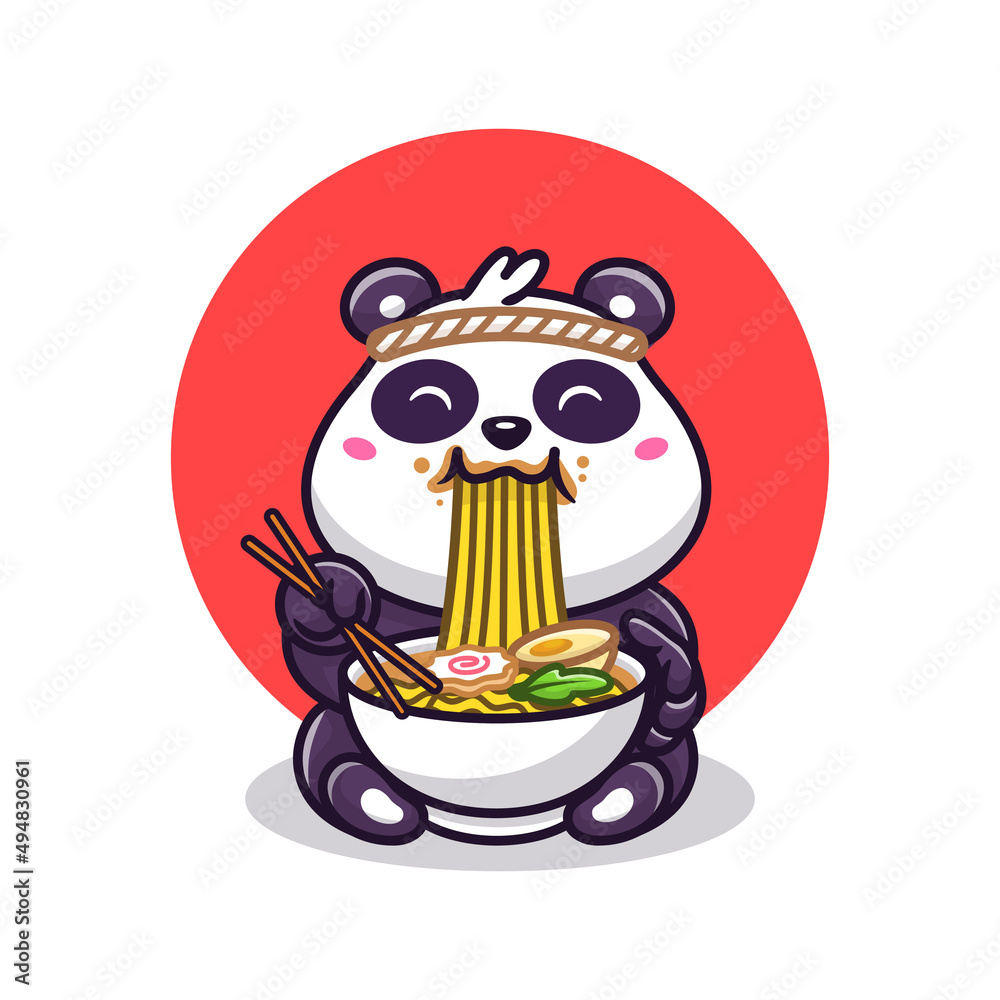 Cute Panda Eating Ramen Noodle Cartoon Vector Icon Illustration. Animal