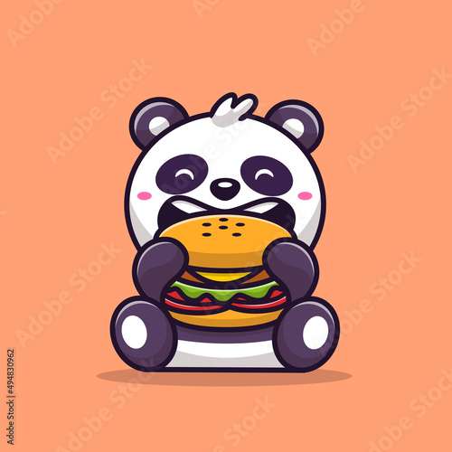 Cute Panda Eating Burger Cartoon Vector Icon Illustration. Animal Food Icon Concept Isolated Premium Vector. Flat Cartoon Style