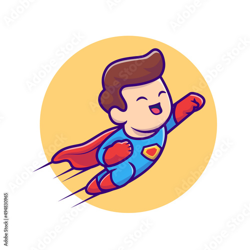 Cute Super Hero Flying Cartoon Vector Icon Illustration. People Profession Icon Concept Isolated Premium Vector. Flat Cartoon Style