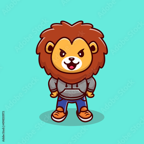 Cute Lion Mascot Cartoon Vector Icon Illustration. Animal Wildlife Icon Concept Isolated Premium Vector. Flat Cartoon Style