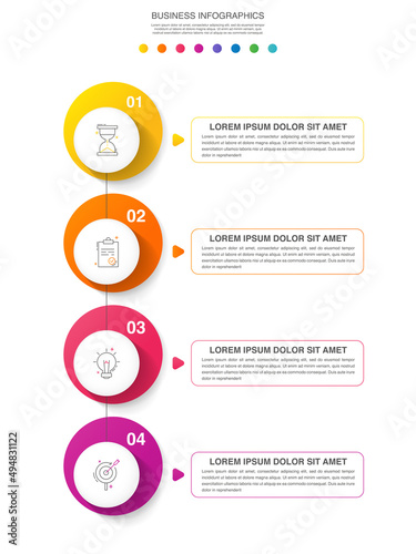 Vector line infographics template for four arrows and circles. Business concept with 4 elements and icons. Modern blank space for chart, content, step for step, timeline, diagram, web