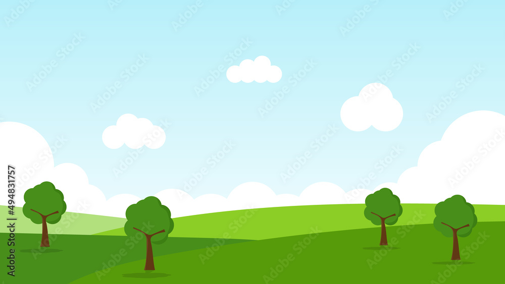landscape cartoon scene with green hills and white cloud in summer blue sky background landscape cartoon scene with green hills and white cloud in summer blue sky background