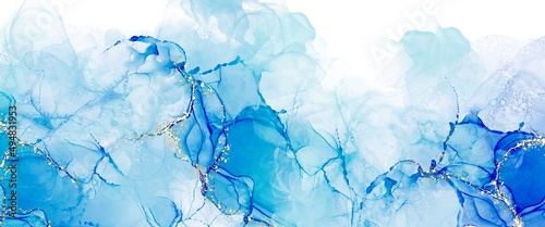 Original abstract bright blue accent, alcohol ink background with white canvas, fluid art with monochrome design, liquid wall picture, creative wallpaper decoration, minimal interior decoration © phillipes