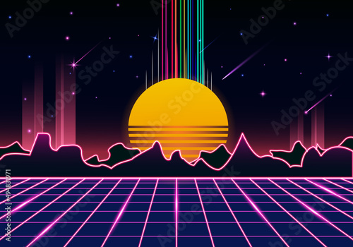 retro with neon and mountain and sunset decoration