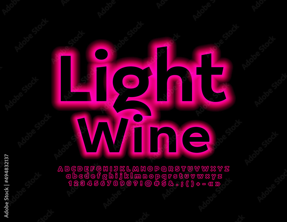 Vector glowing Emblem Light Wine. Neon Font. Artistic Alphabet Letters and Numbers set