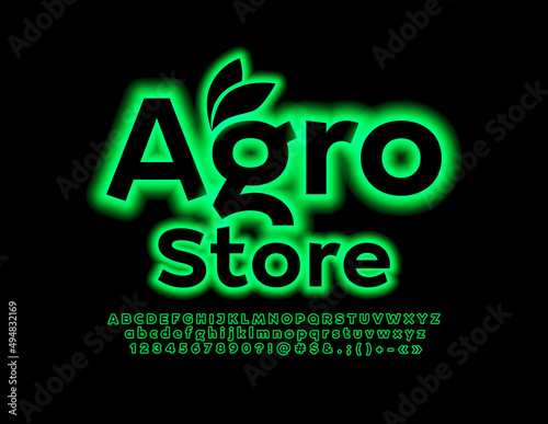 Vector business template Agro Store with decorative leaves. Green Neon Font. Illuminated Led Alphabet Letters, Numbers and Symbols set