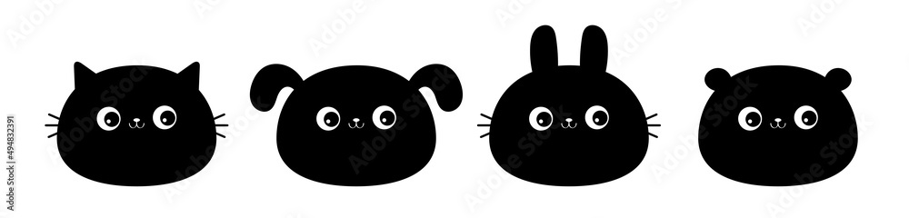 Dog puppy, cat kitten kitty, bear, rabbit bunny hare face icon set line. Kawaii animal. Cute cartoon character. Black silhouette sticker. Funny baby. Love card. Flat design. White background. Isolated