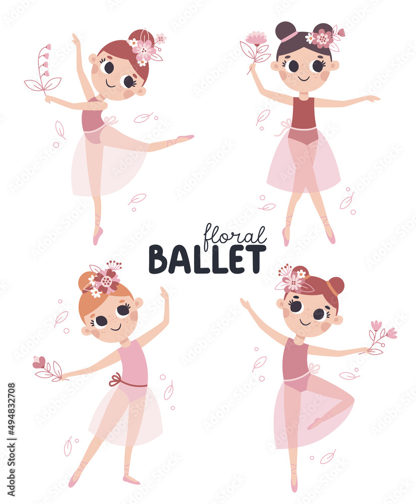 Dancing little vector girl ballerinas with flowers, leaves, plants and floral elements in trendy colors. Dancing little vector girl ballerinas with flowers, leaves, plants and floral elements in trendy colors.