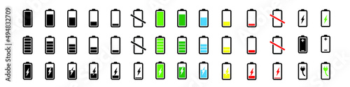 Battery icons vector set. Phone charge level illustration sign collection. UI design elements of battery percentage.