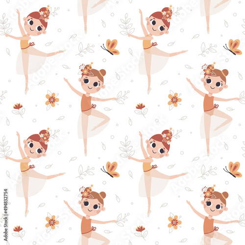 Dancing little vector girl ballerinas seamless pattern with flowers, leaves, plants and floral elements in trendy colors.