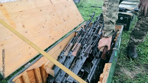 War Ukraine Russia. Weapons supply. Weapons in boxes.