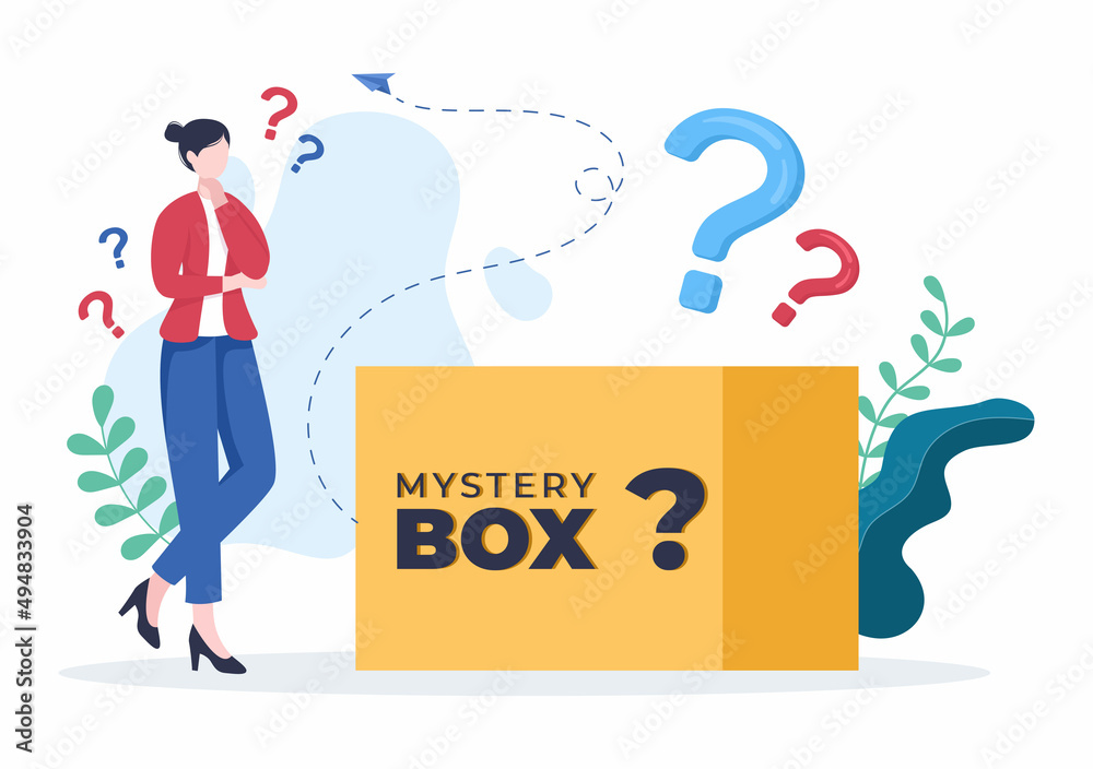 Mystery Gift Box and Confused Woman a Cardboard Box Open Inside with a Question Mark, Lucky Gift or Other Surprise in Flat Cartoon Style Illustration Mystery Gift Box and Confused Woman a Cardboard Box Open Inside with a Question Mark, Lucky Gift or Other Surprise in Flat Cartoon Style Illustration