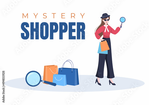 Mystery Shopper with Bags in Sunglasses, Magnifier, Spy Coats and Hats in Flat Cartoon Style Illustration