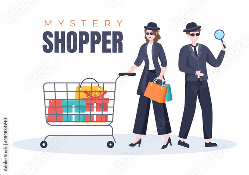 Mystery Shopper with Bags in Sunglasses, Magnifier, Spy Coats and Hats in Flat Cartoon Style Illustration