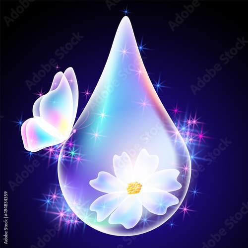 Water drop with butterfly, flower and sparkling shiny stars on dark blue background. Concept world water day.
