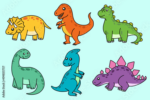 Set Collection Cute Dinosaurs Fossil cartoon doodle character Hand drawn flat line art