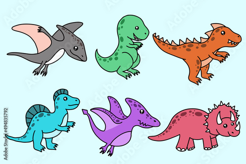 Fototapeta Naklejka Na Ścianę i Meble -  Set Collection Cute Dinosaurs Fossil cartoon doodle character Hand drawn flat line art