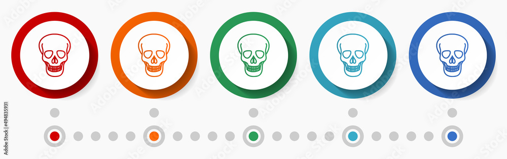 Skull, death concept vector icon set, flat design colorful buttons, infographic template in 5 color options Skull, death concept vector icon set, flat design colorful buttons, infographic template in 5 color options