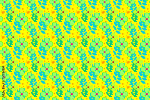Seamless abstract floral pattern, bright colors, painting on yellow background, for fabric and product prints.