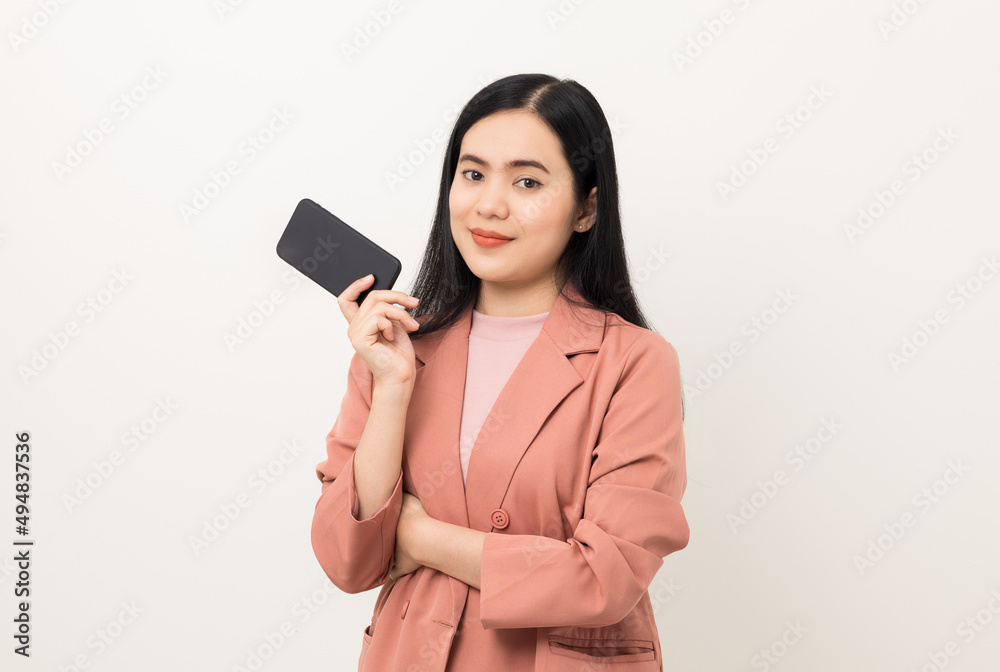 Cheerful young Asian woman using smartphone and checking message on mobile chat application isolated white background. Fashion style asian lovely woman playing game or shopping online by cellphone Cheerful young Asian woman using smartphone and checking message on mobile chat application isolated white background. Fashion style asian lovely woman playing game or shopping online by cellphone