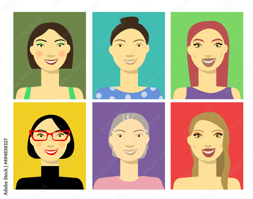 different images of one girl, a young girl, an aged woman, with makeup, a clean face, with plastic fillers, with long and short hair. Flat style illustration different images of one girl, a young girl, an aged woman, with makeup, a clean face, with plastic fillers, with long and short hair. Flat style illustration