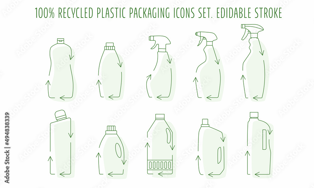 Fototapeta premium Recycle cleaning bottle and garbage recycling icon set concept of waste sorting. Editable stroke. Vector stock illustration isolated on white background for packaging logo print. 