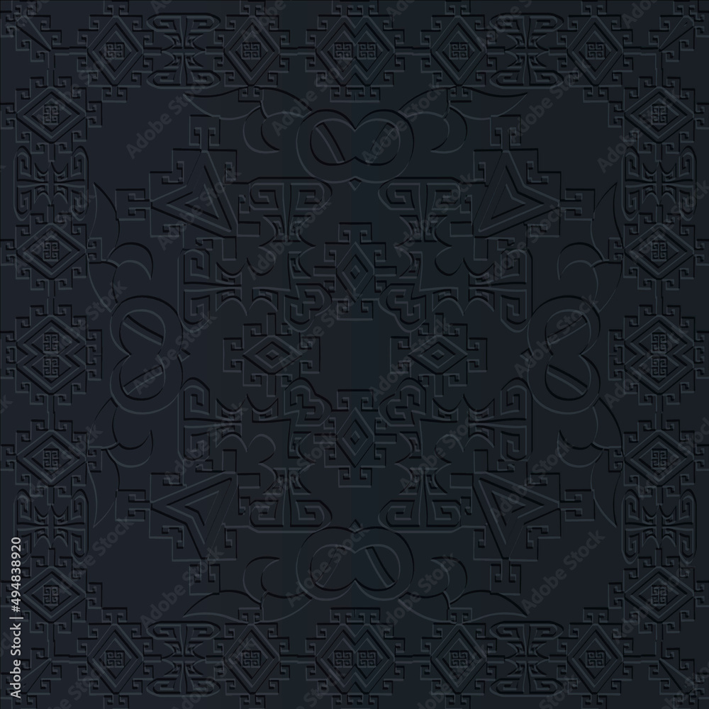 Dark black embossed 3d seamless pattern. Textured tribal ethnic background. Vector repeat surface backdrop. Modern emboss ornament. Relief shapes, square frames, greek key meanders, borders., rhombus