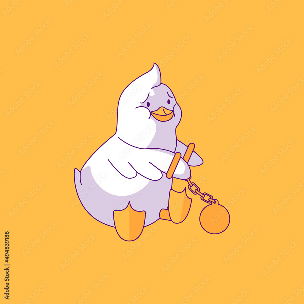 Cheerful duck. Bird poster design with human needs and daily situations. The concept of finding a job that will not look like hard labor. Duck handcuffed like obligations Cheerful duck. Bird poster design with human needs and daily situations. The concept of finding a job that will not look like hard labor. Duck handcuffed like obligations