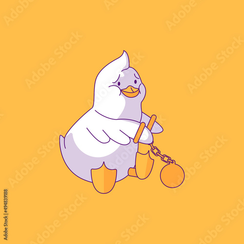 Cheerful duck. Bird poster design with human needs and daily situations. The concept of finding a job that will not look like hard labor. Duck handcuffed like obligations