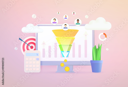 Lead Generation 3d vector concept. Increasing conversion rates marketing strategy for generating new leads and income with inbound marketing technology with sales funnel photo