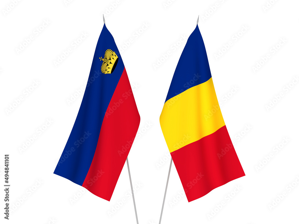 National fabric flags of Romania and Liechtenstein isolated on white background. 3d rendering illustration. National fabric flags of Romania and Liechtenstein isolated on white background. 3d rendering illustration.